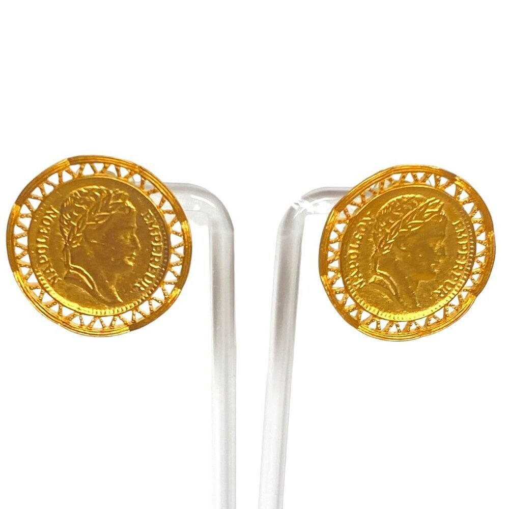 Vintage Napoleon Coin Earrings Gold Tone Textured Openwork Statement Jewelry